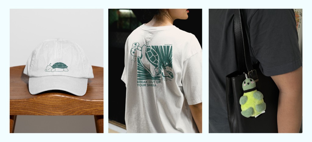 Kura merch: cap, plushie, and shirt