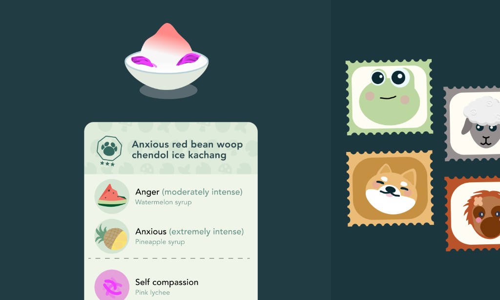 Ice kacang journaling recipe card with emotion syrups and stamps of other habitat creatures